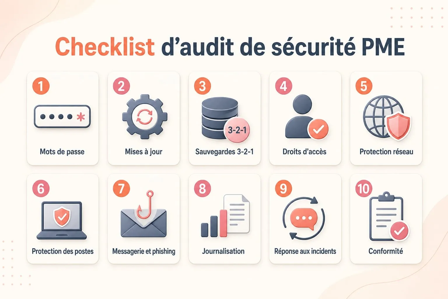 The ten checks of a small business security audit: passwords, updates, backups, access, network, workstations, email, logging, incidents and compliance