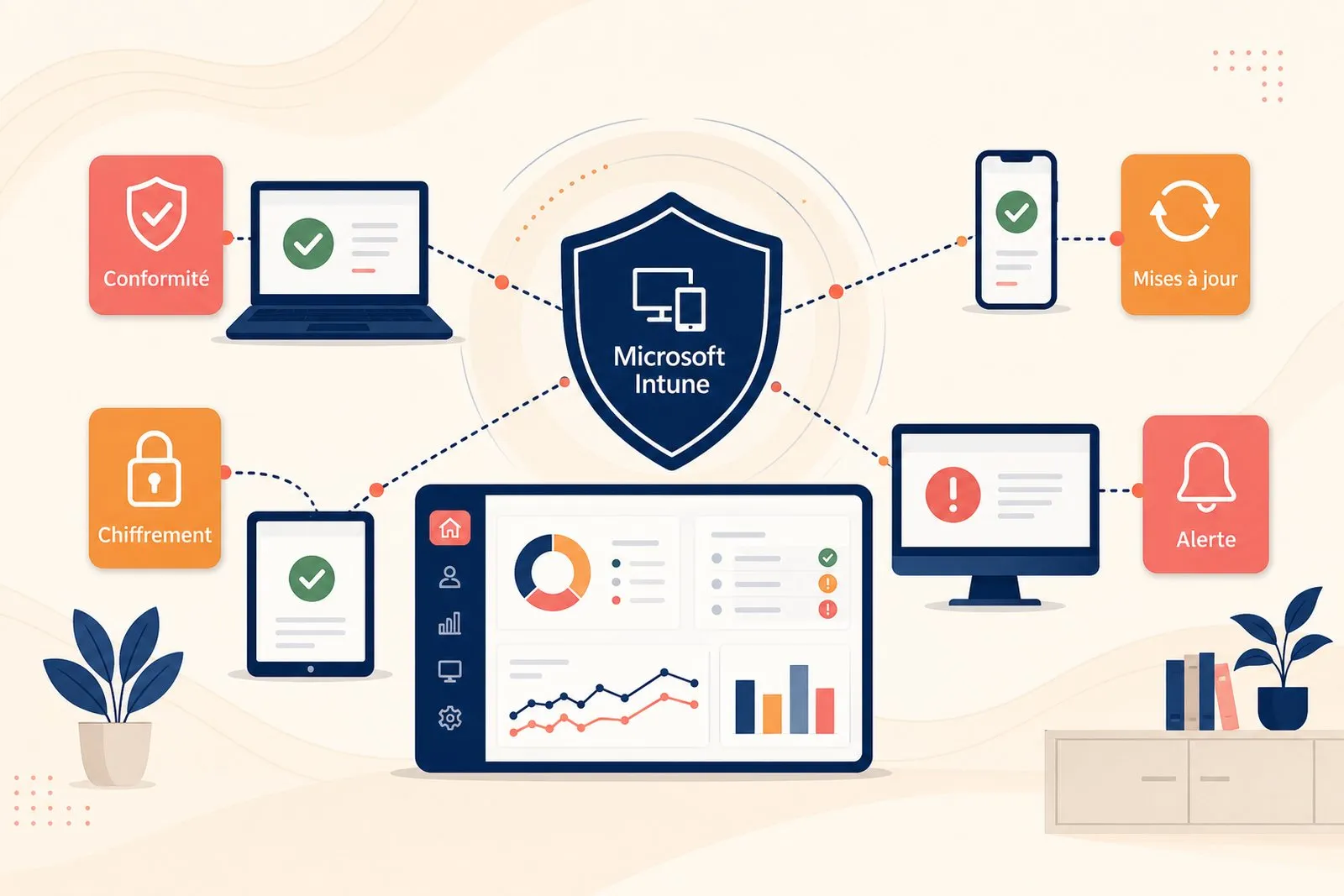 An administrator checks device encryption, antivirus and updates in a compliance dashboard