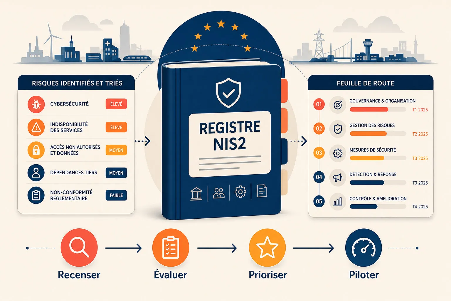 A small business management team reviews the register of NIS 2 measures, owners, deadlines and compliance evidence