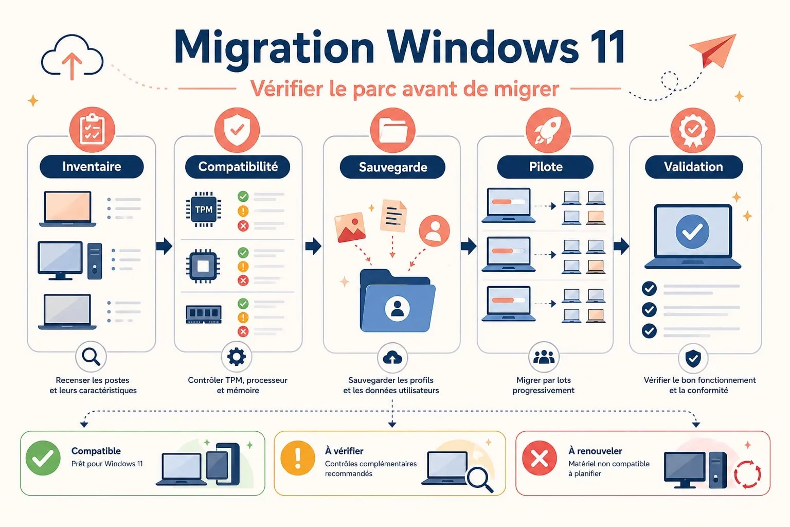 A technician sorts workstations into those compatible with Windows 11, those to replace and business-specific cases